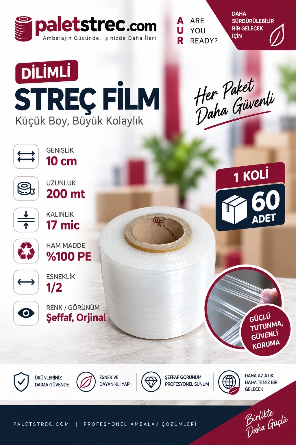 Dilimli Streç Film 10 cm 17 Mikron 200 Metre - 5 Adet