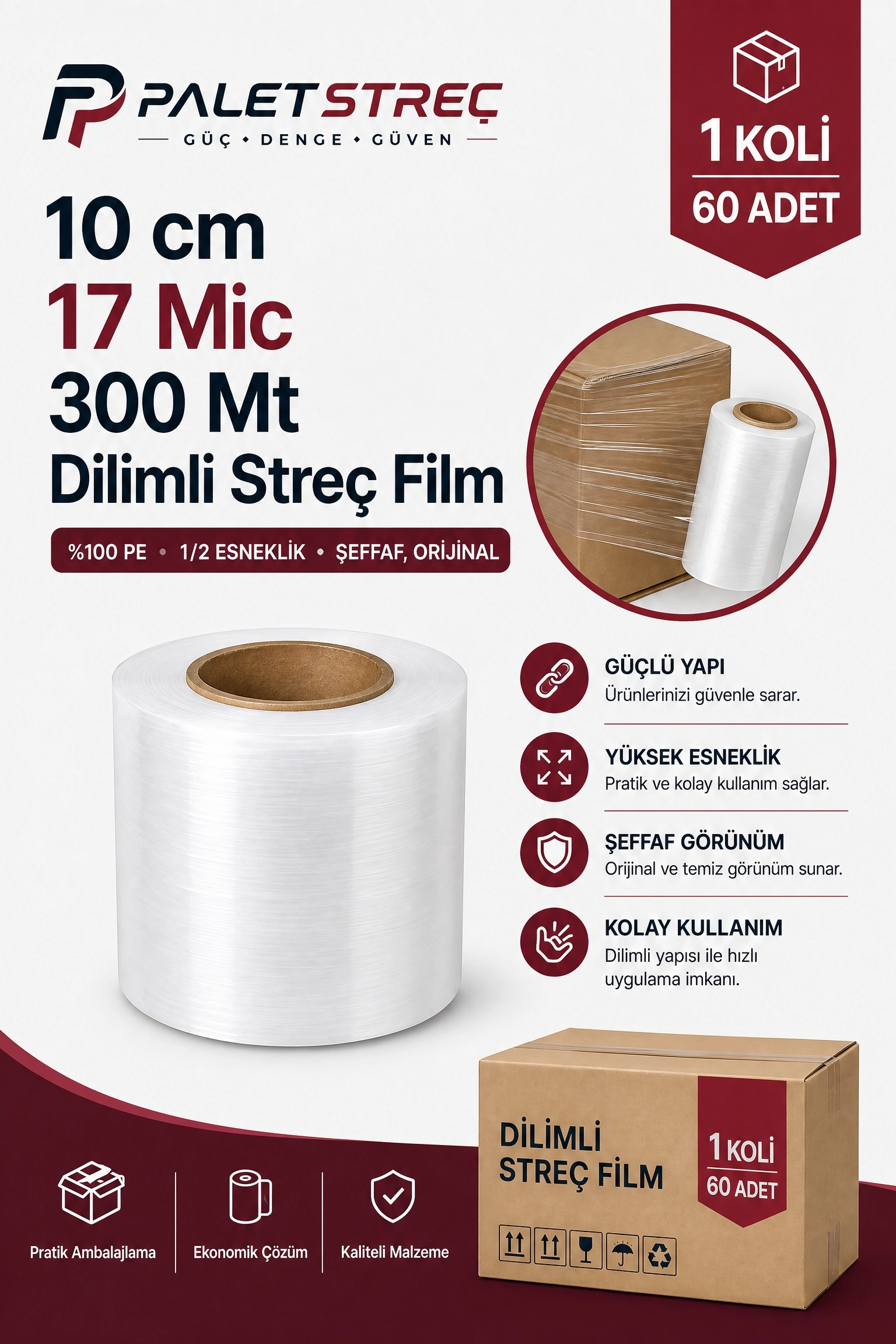 Dilimli Streç Film 10 cm 17 Mikron 300 Metre - 5 Adet