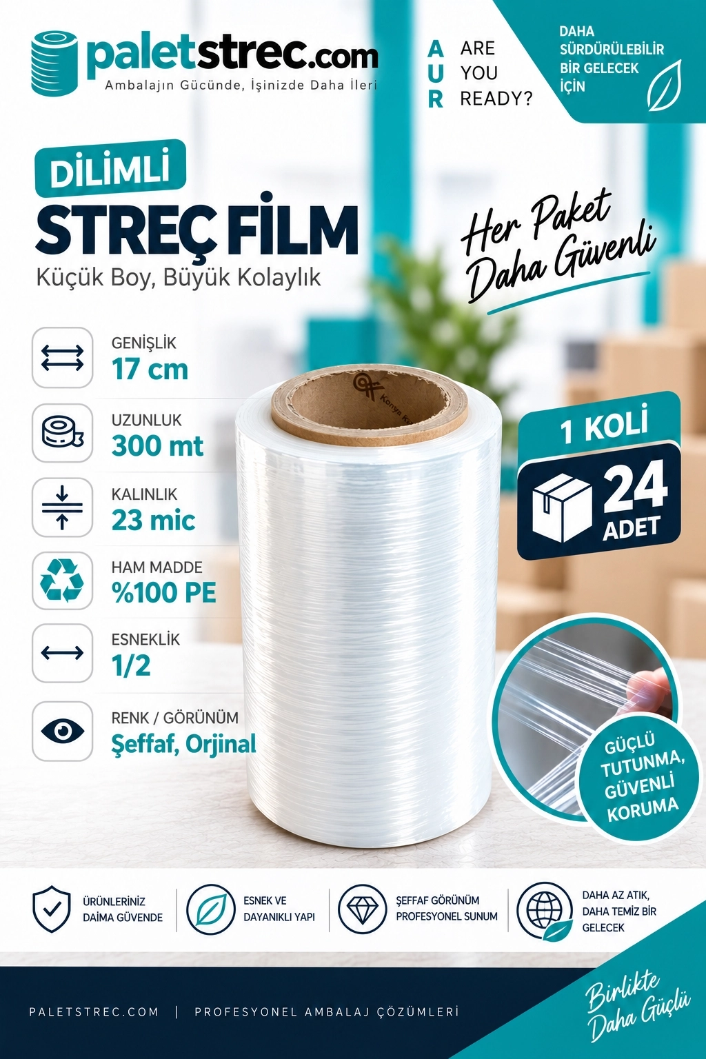 Dilimli Streç Film 17 cm 23 Mikron 300 Metre