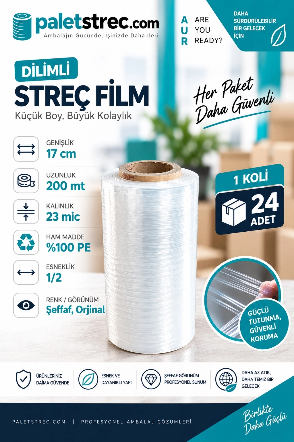 Dilimli Streç Film 17 cm 23 Mikron 200 Metre