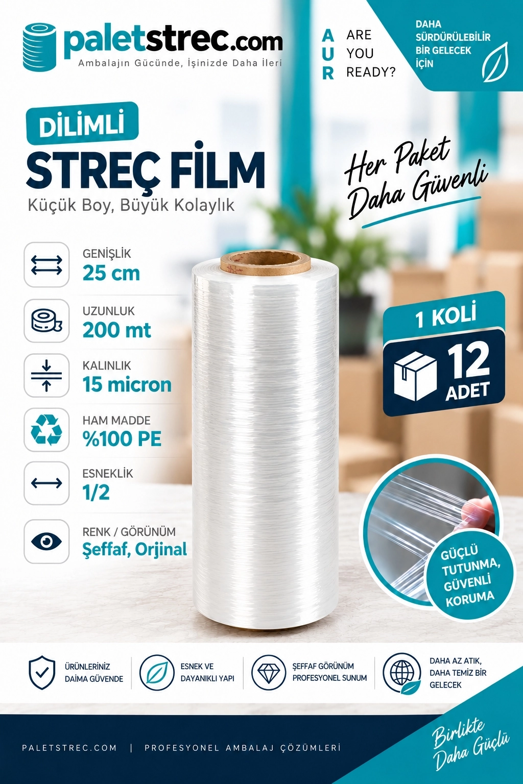 Dilimli Streç Film 25 cm 15 Mikron 200 Metre