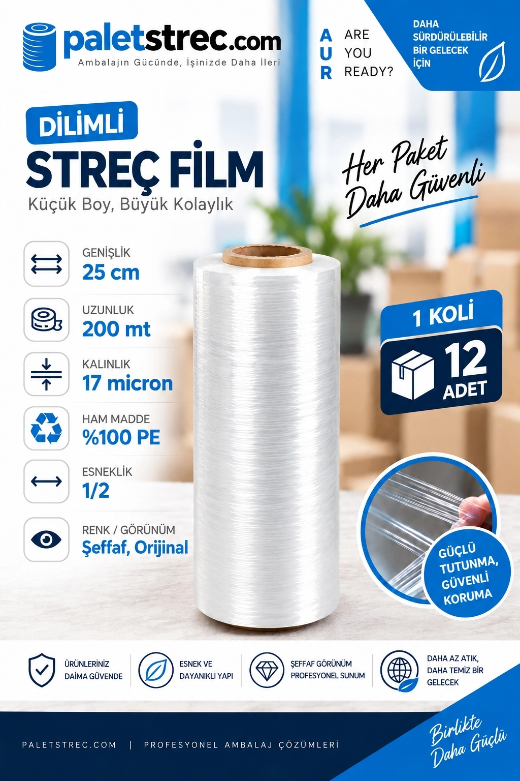 Dilimli Streç Film 25 cm 17 Mikron 200 Metre