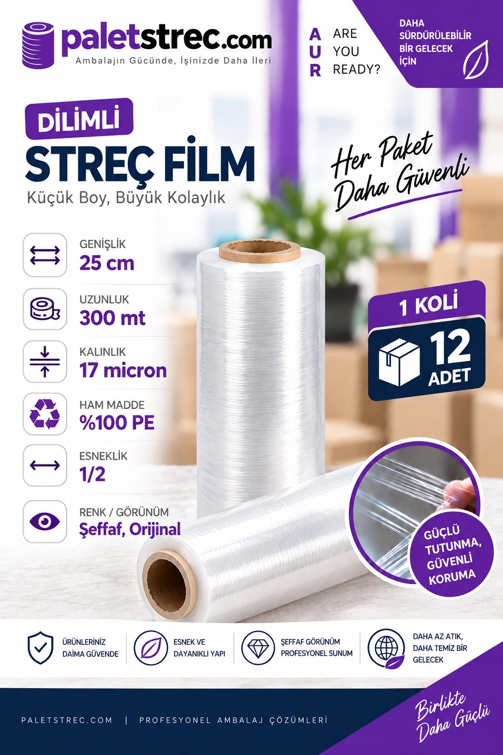 Dilimli Streç Film 25 cm 17 Mikron 300 Metre
