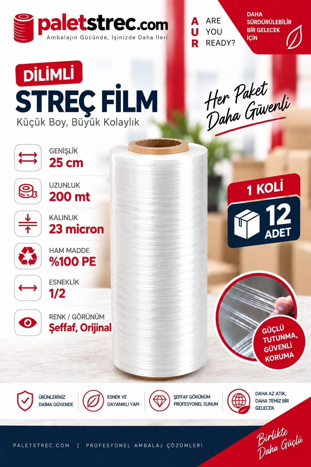 Dilimli Streç Film 25 cm 23 Mikron 200 Metre