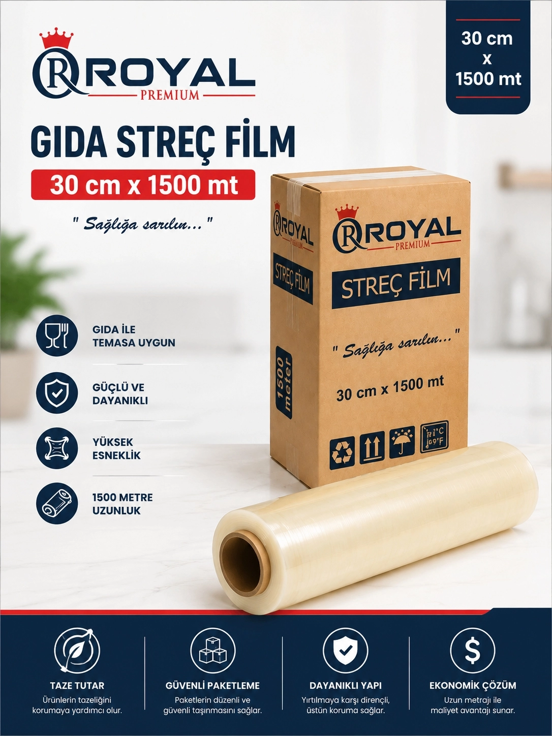 ROYAL Gıda Streç Film 30 cm 8 Mikron 1500 Metre