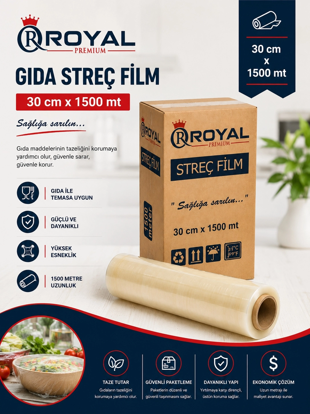 ROYAL Gıda Streç Film 30 cm 8 Mikron 1500 Metre