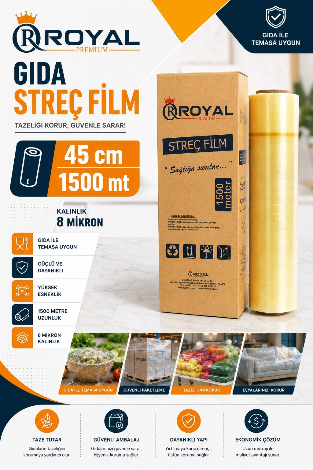 ROYAL Gıda Streç Film 45 cm 8 Mikron 1500 Metre