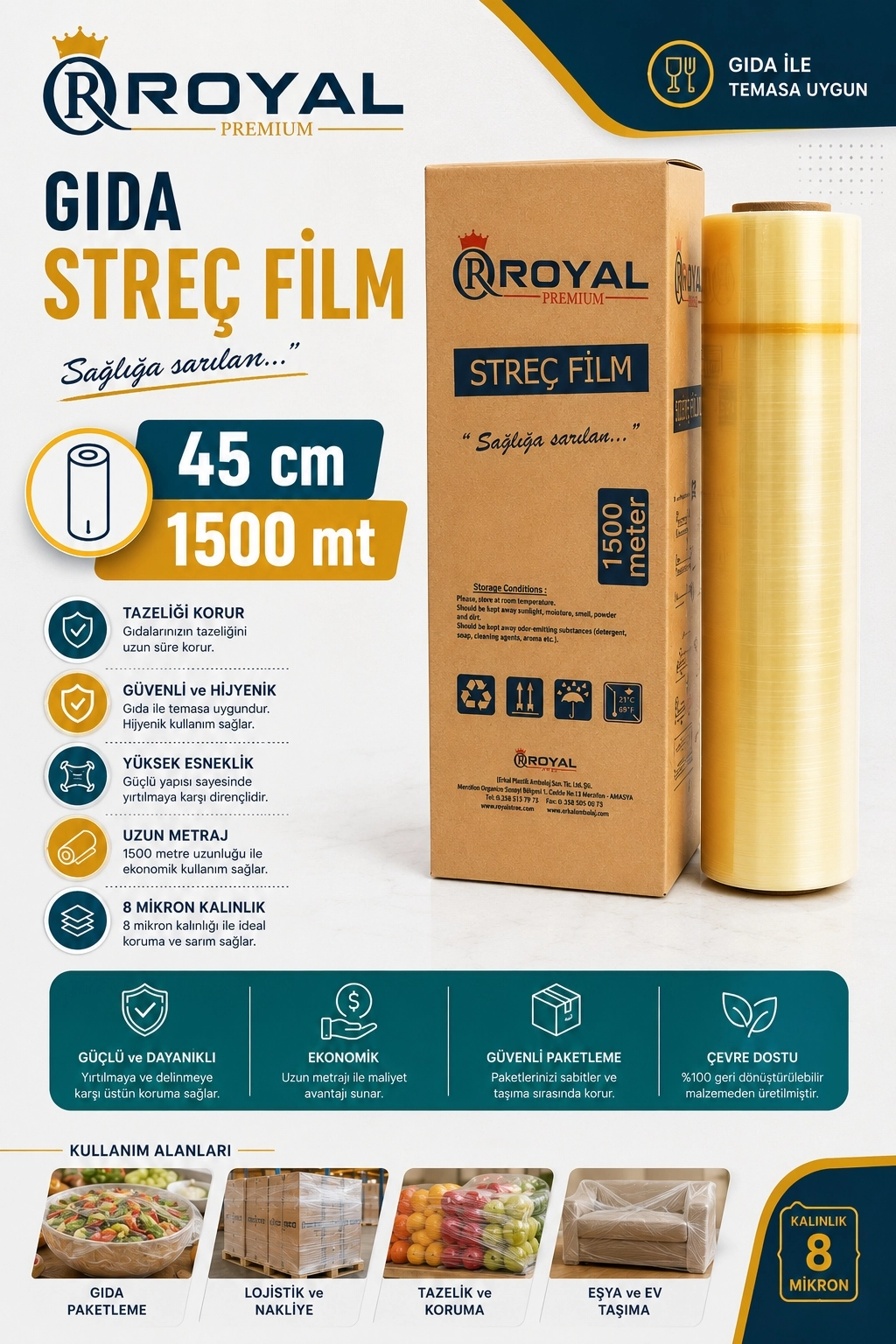 ROYAL Gıda Streç Film 45 cm 8 Mikron 1500 Metre