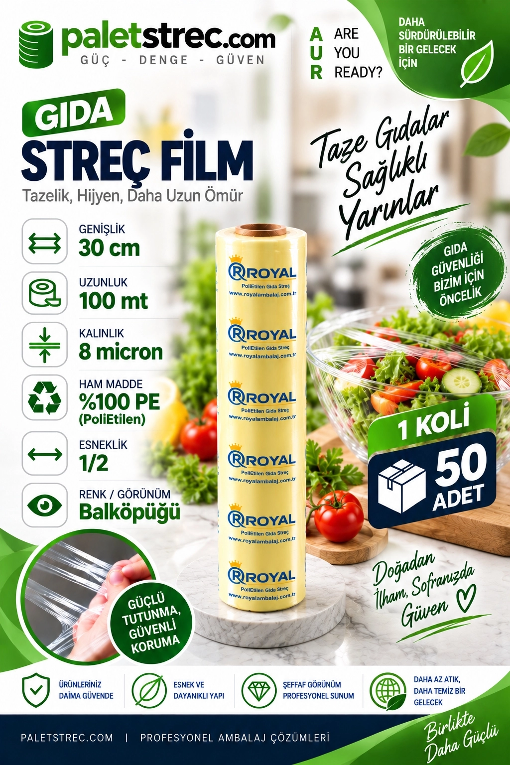 ROYAL Gıda Streç Film 30 cm 8 Mikron 100 Metre - OPP Ambalajlı