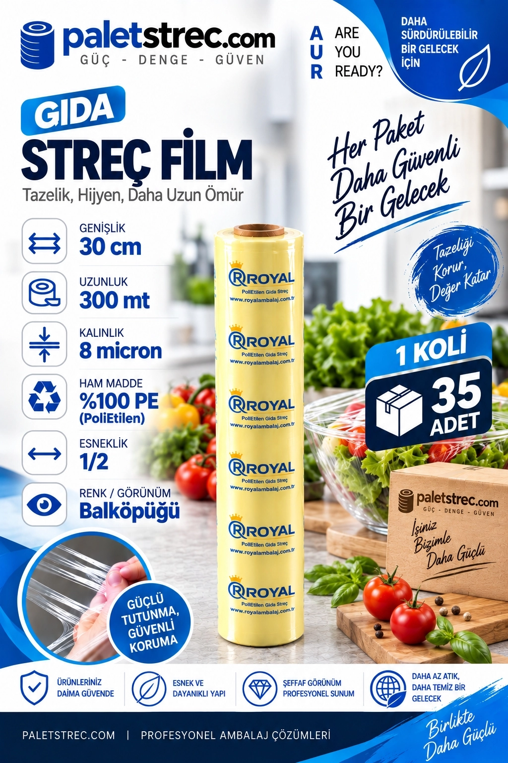 ROYAL Gıda Streç Film 30 cm 8 Mikron 300 Metre - OPP Ambalajlı