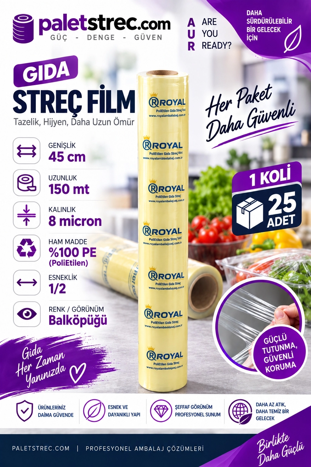 ROYAL Gıda Streç Film 45 cm 8 Mikron 150 Metre - OPP Ambalajlı