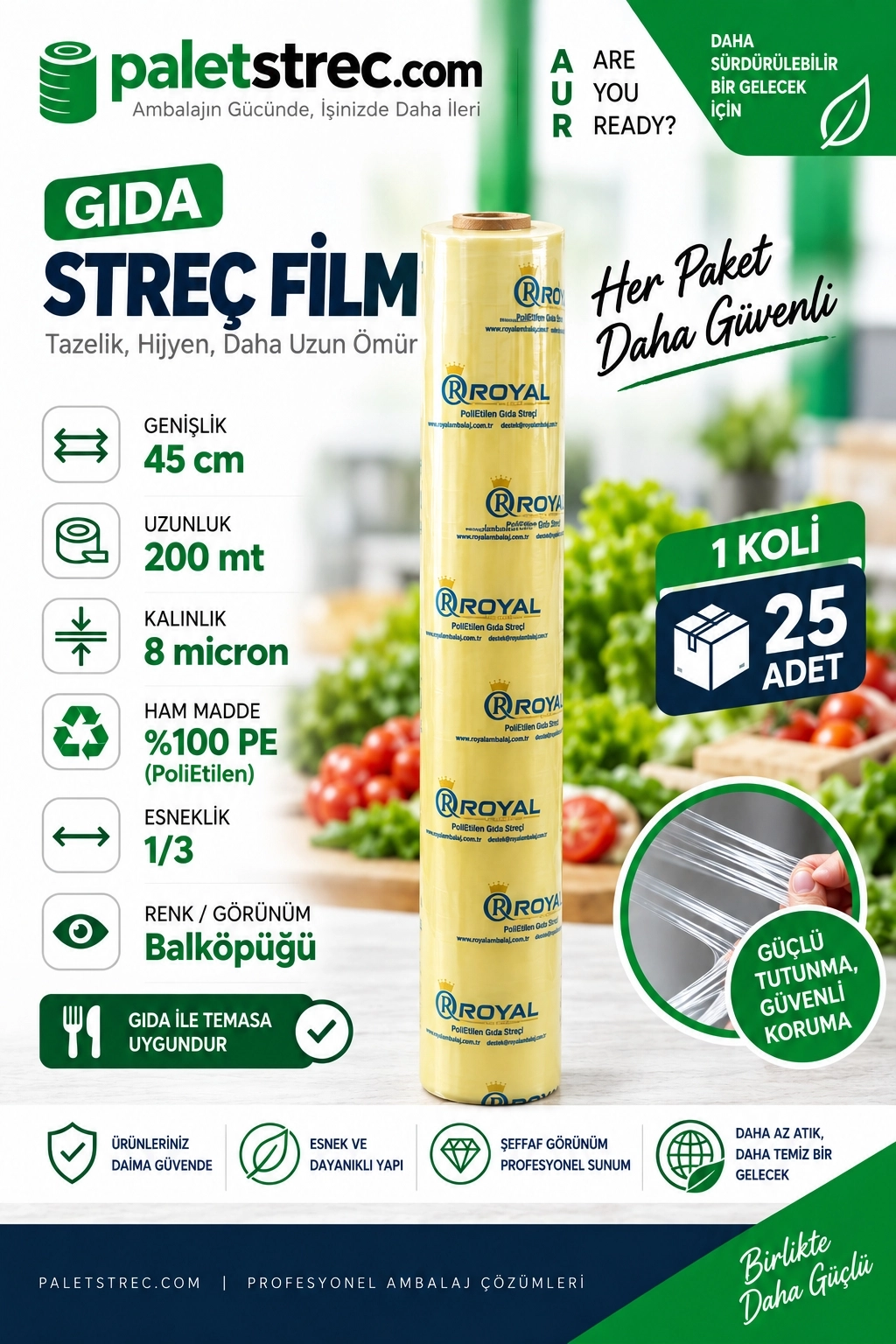 ROYAL Gıda Streç Film 45 cm 8 Mikron 200 Metre - OPP Ambalajlı
