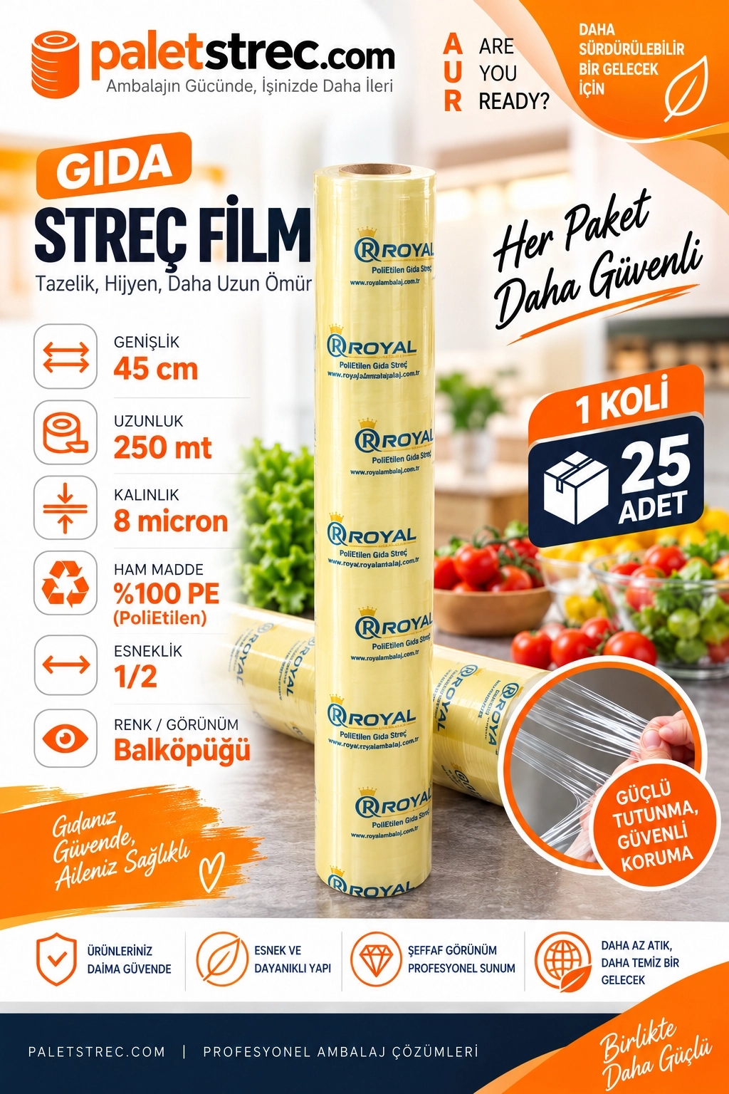 ROYAL Gıda Streç Film 45 cm 8 Mikron 250 Metre - OPP Ambalajlı