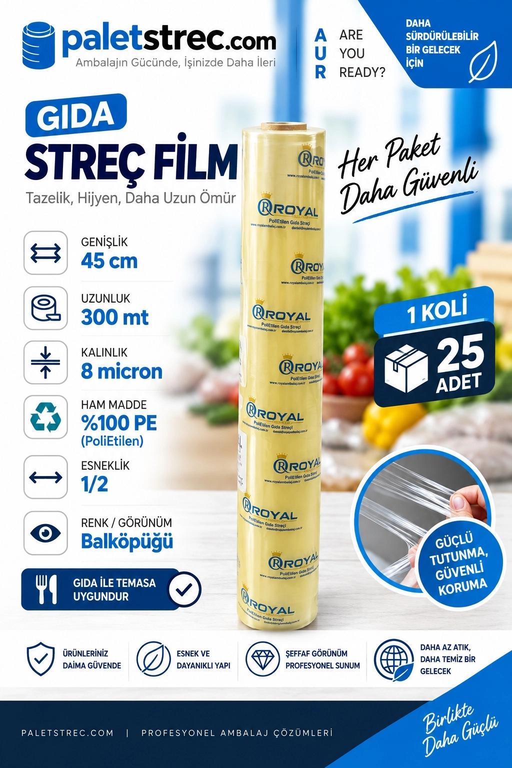 ROYAL Gıda Streç Film 45 cm 8 Mikron 300 Metre - OPP Ambalajlı