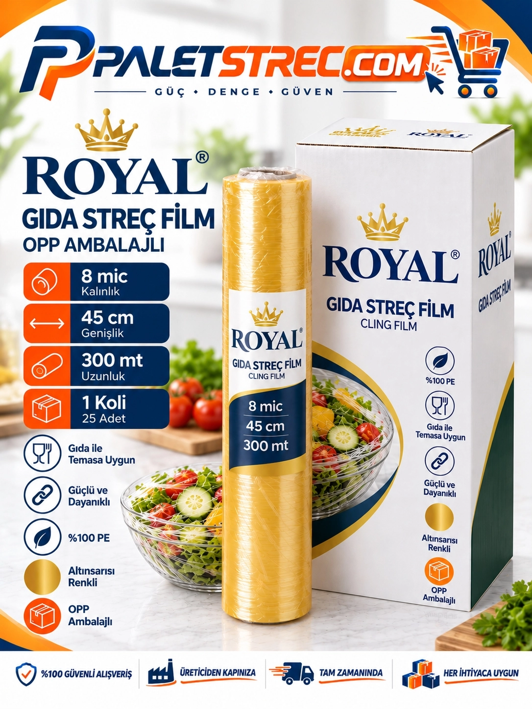 ROYAL Gıda Streç Film 45 cm 8 Mikron 300 Metre - OPP Ambalajlı