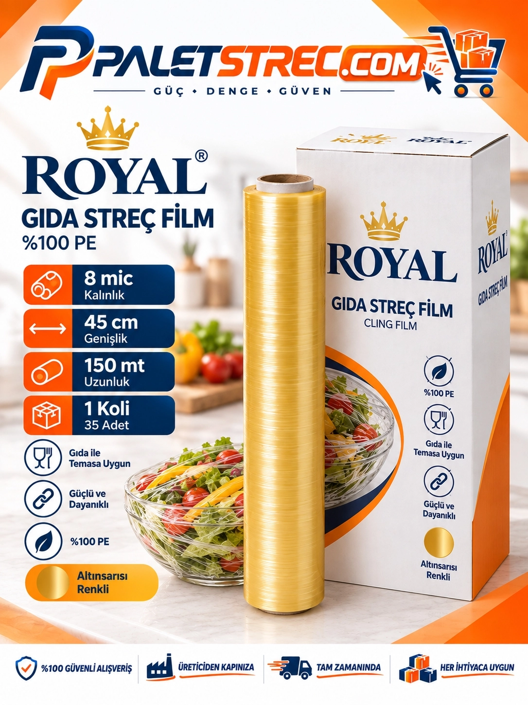 ROYAL Gıda Streç Film 45 cm 8 Mikron 150 Metre - OPP Ambalajlı