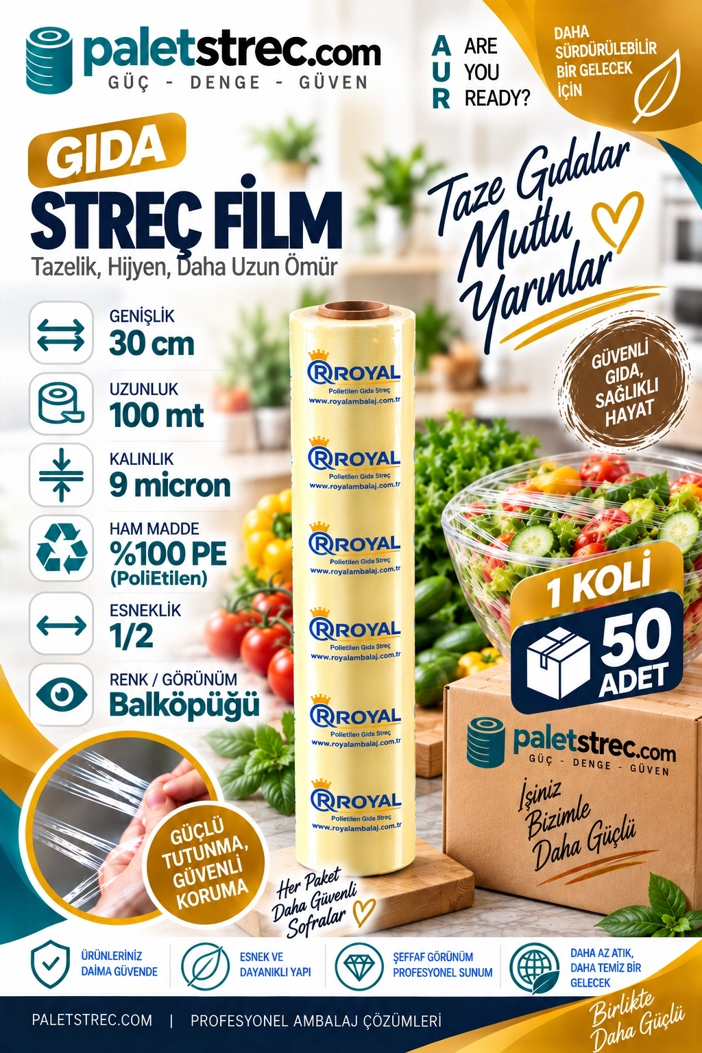 ROYAL Gıda Streç Film 30 cm 9 Mikron 100 Metre - OPP Ambalajlı
