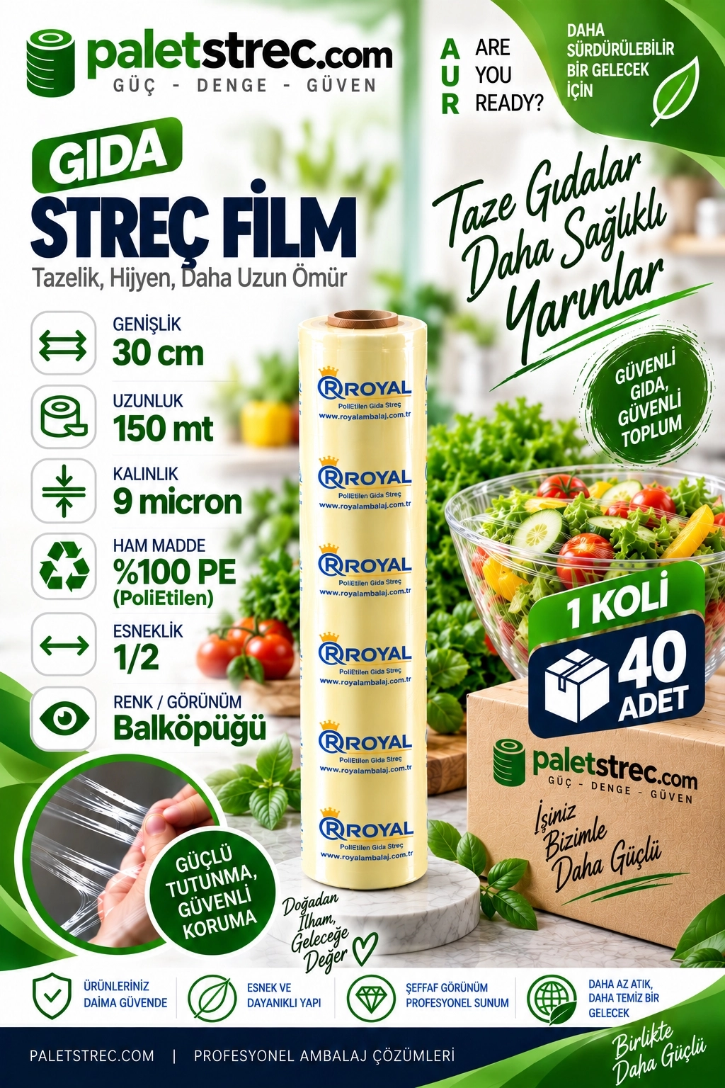 ROYAL Gıda Streç Film 30 cm 9 Mikron 150 Metre - OPP Ambalajlı