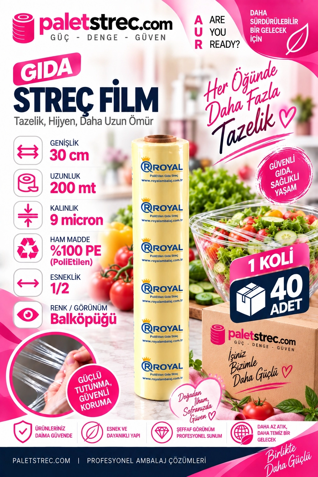 ROYAL Gıda Streç Film 30 cm 9 Mikron 200 Metre - OPP Ambalajlı