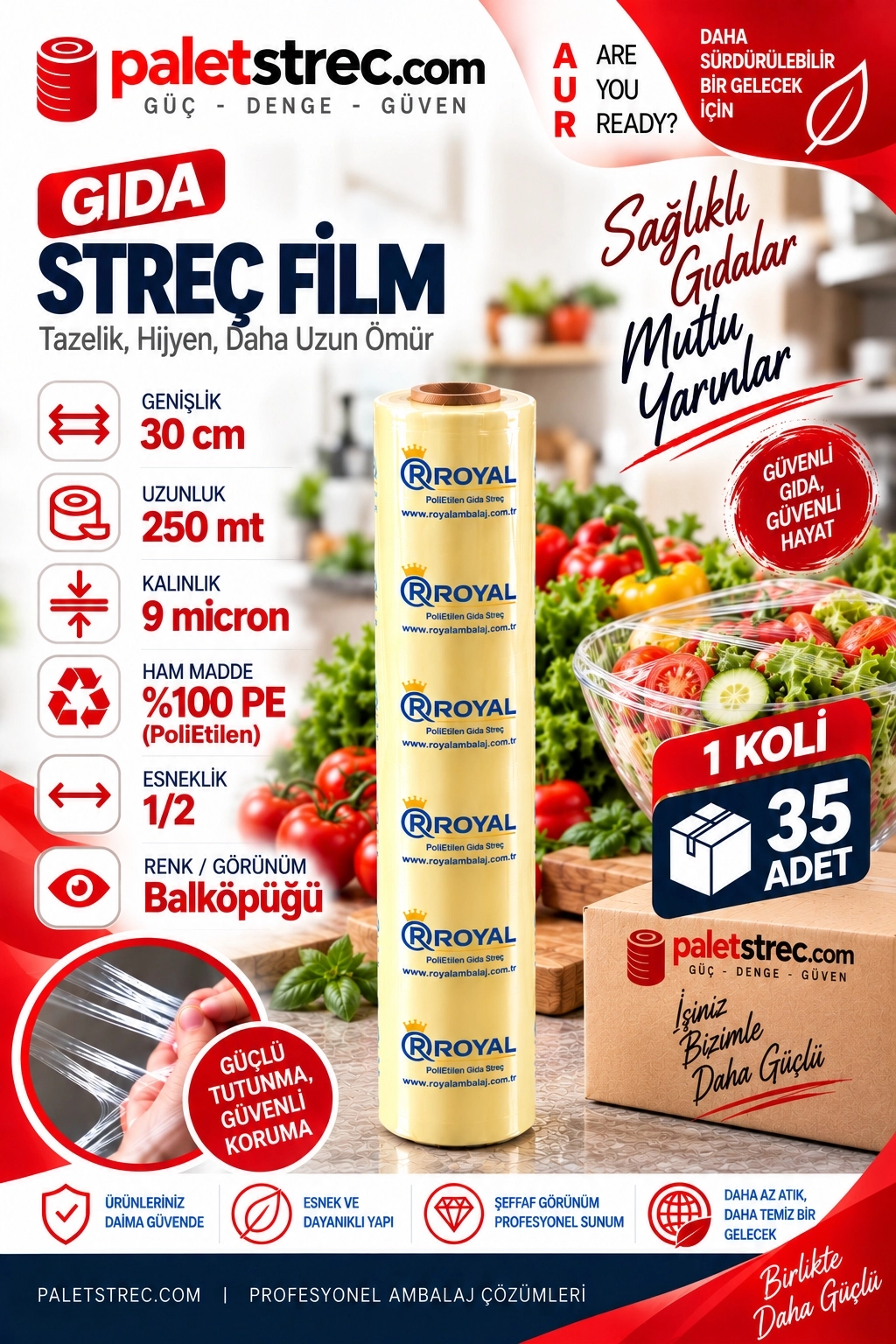 ROYAL Gıda Streç Film 30 cm 9 Mikron 250 Metre - OPP Ambalajlı