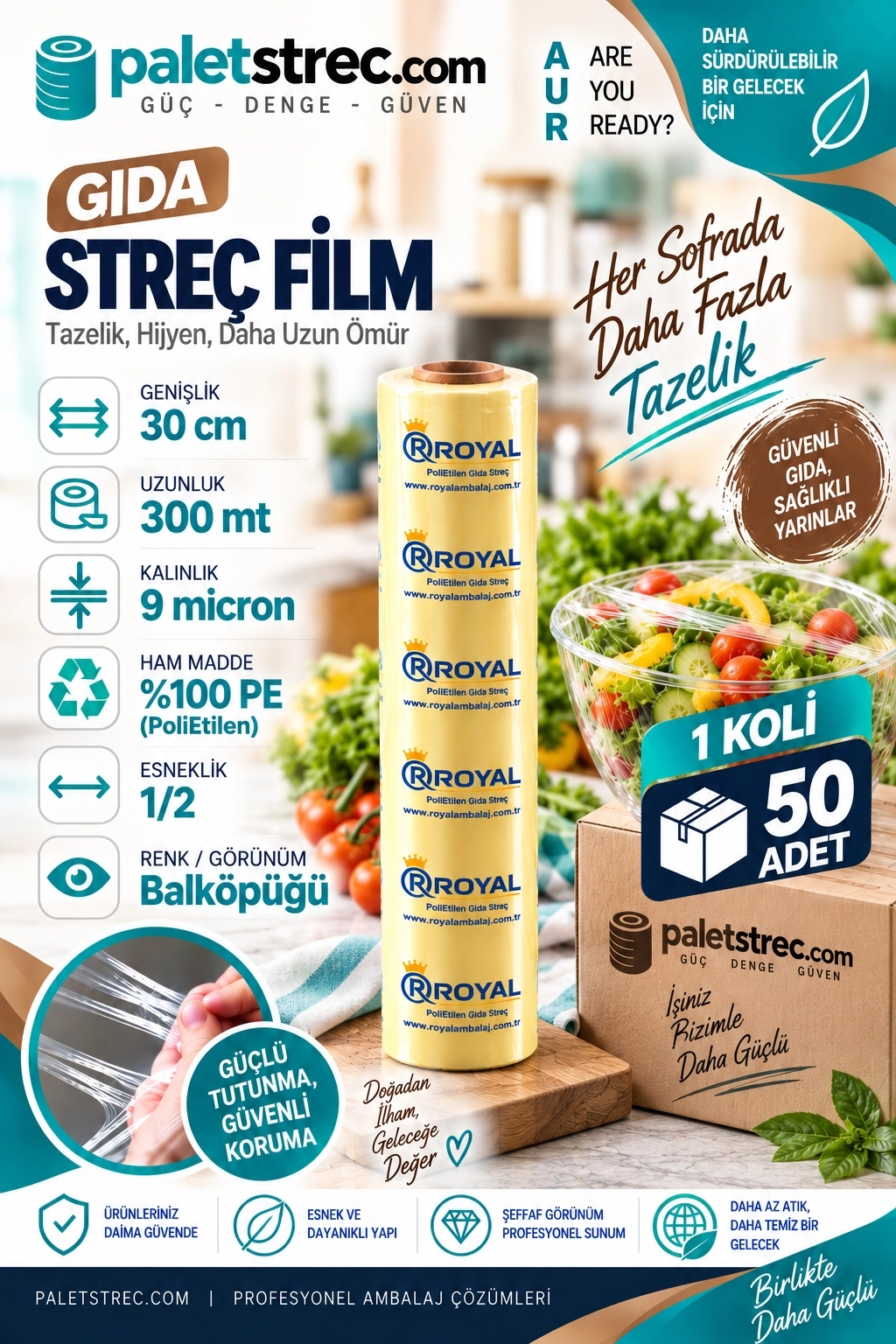 ROYAL Gıda Streç Film 30 cm 9 Mikron 300 Metre - OPP Ambalajlı