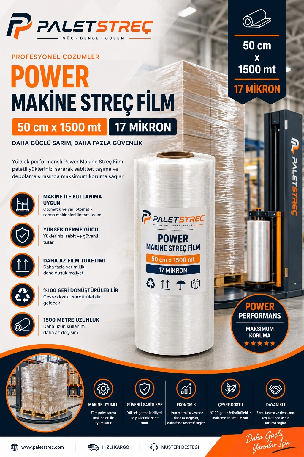 Power Makine Streç Film 50 cm 17 Mikron 1500 Metre