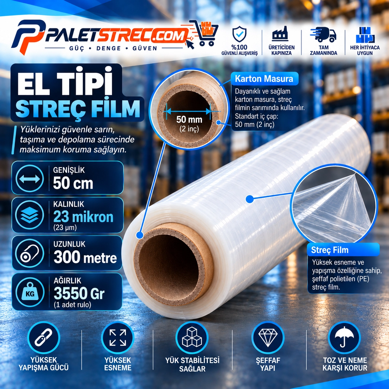 El Tipi Streç Film 50 cm 23 Mikron 300 Metre - 3500 GR