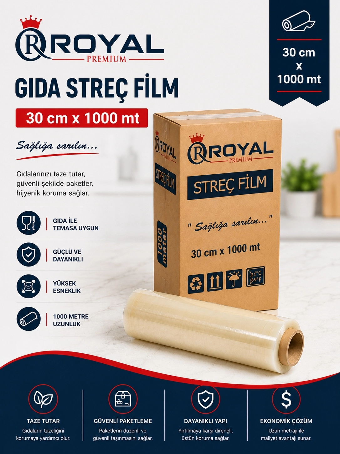 ROYAL Gıda Streç Film 30 cm 8 Mikron 1000 Metre