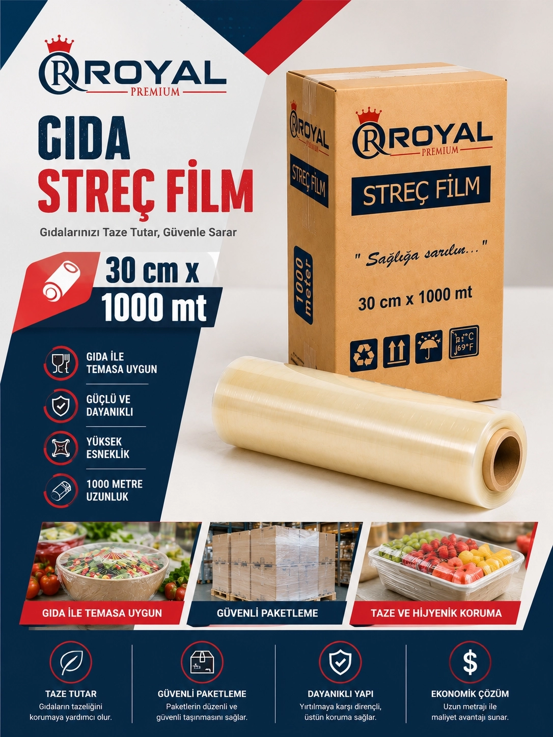 ROYAL Gıda Streç Film 30 cm 8 Mikron 1000 Metre