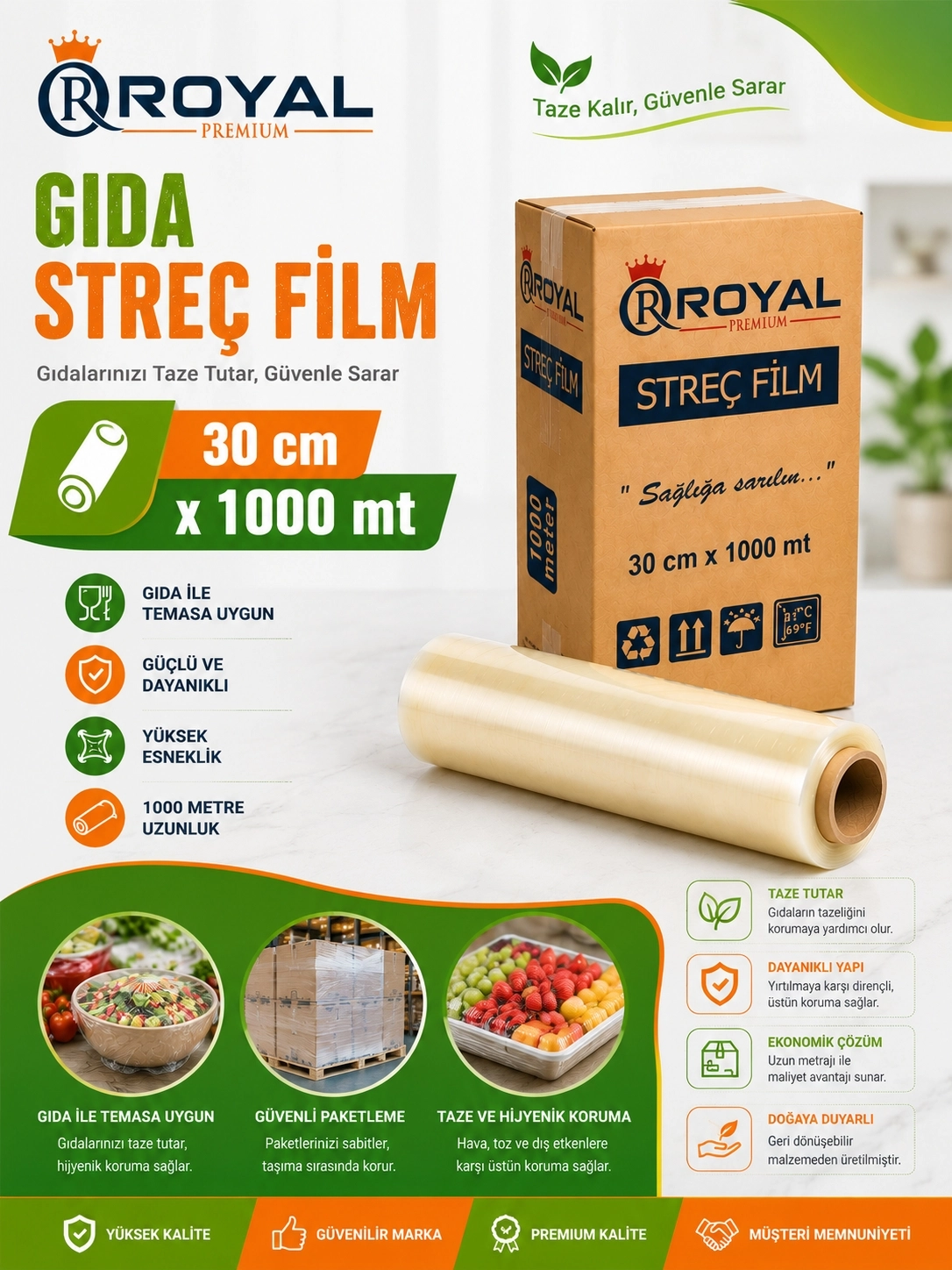 ROYAL Gıda Streç Film 30 cm 8 Mikron 1000 Metre
