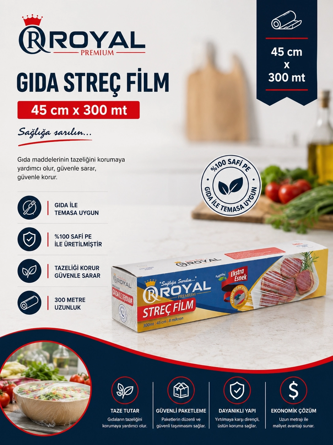 ROYAL Gıda Streç Film 45 cm 8 Mikron 300 Metre - Kutulu