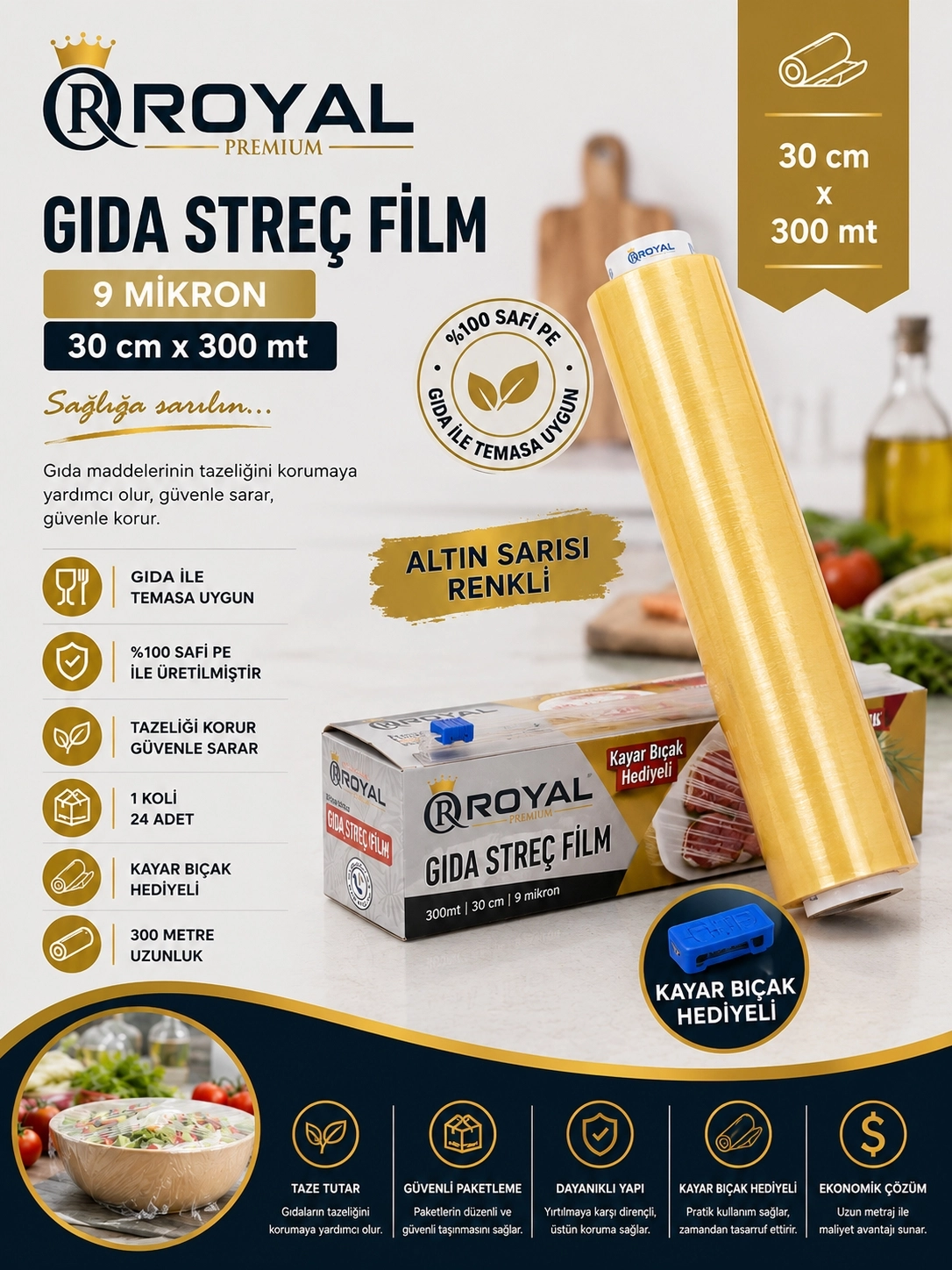 ROYAL Gıda Streç Film 45 cm 9 Mikron 300 Metre - Kutulu