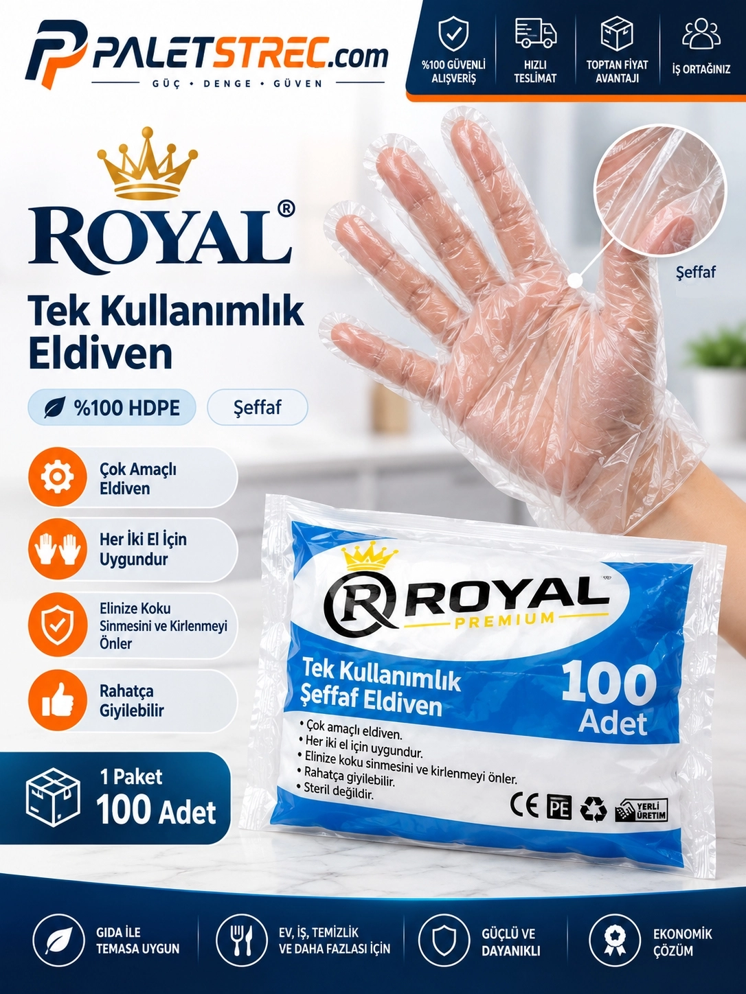 ROYAL Tek Kullanımlık HDPE Eldiven (100 Adet)