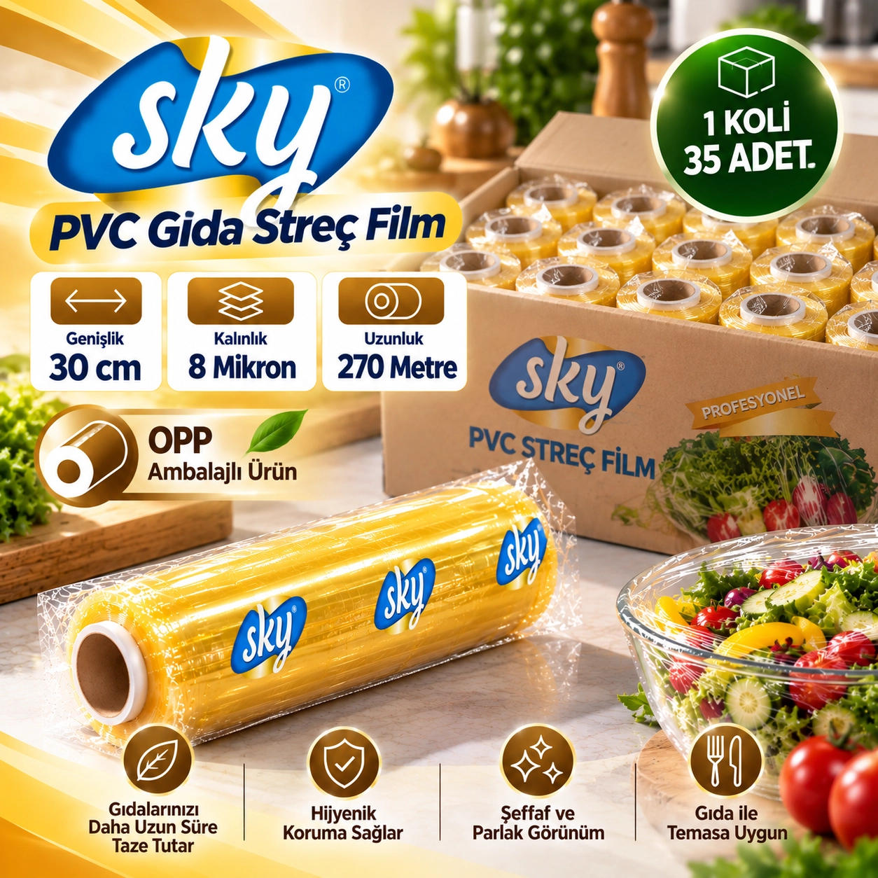 SKY PVC Gıda Streç Film 30 cm 8 Mikron 270 Metre - OPP Ambalajlı