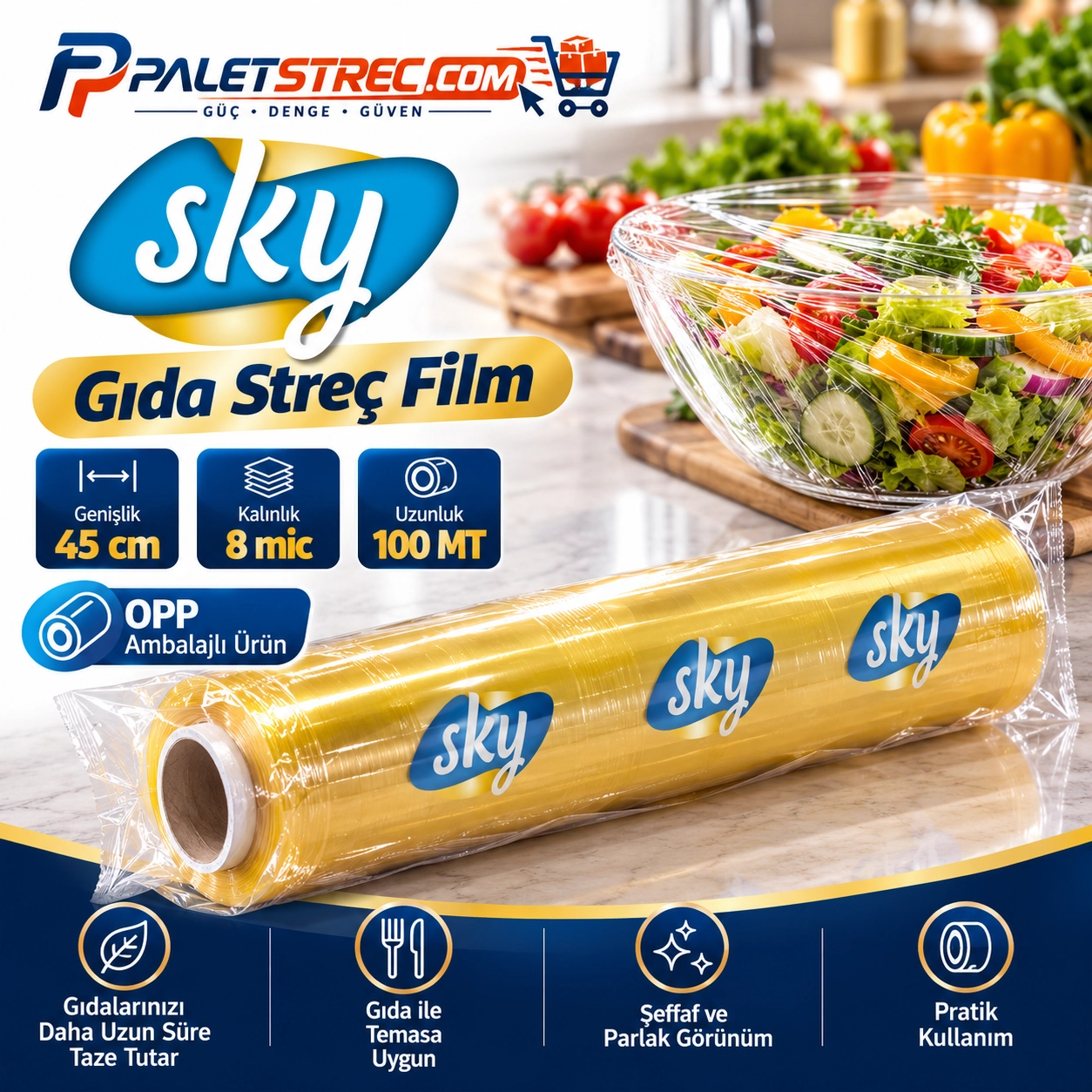 SKY PVC Gıda Streç Film 45 cm 8 Mikron 100 Metre - OPP Ambalajlı