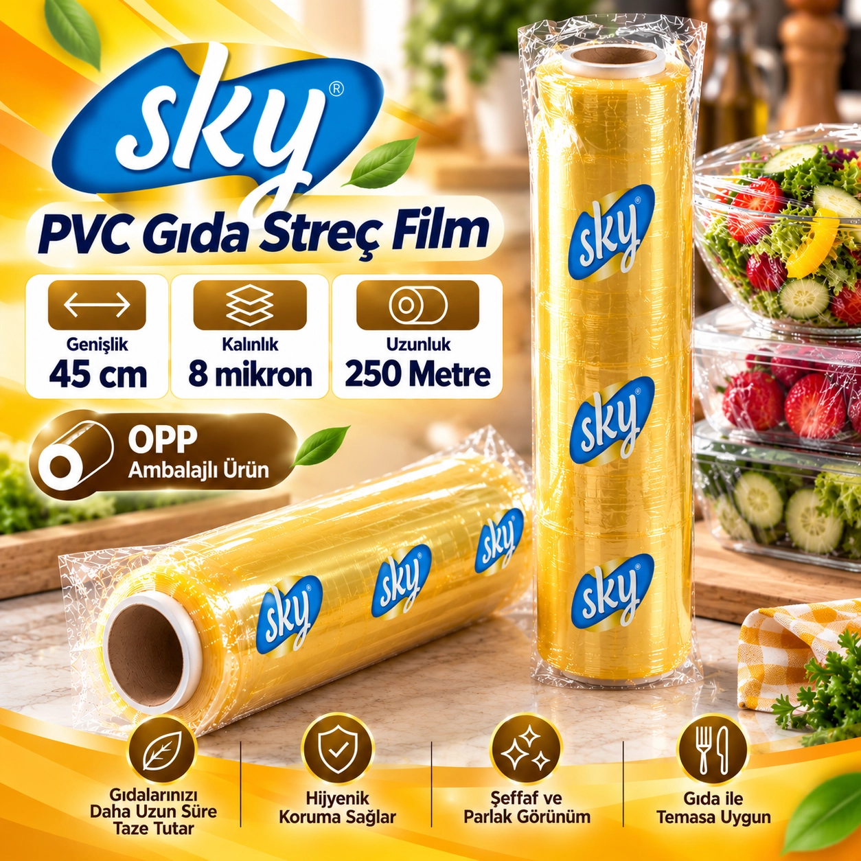 SKY PVC Gıda Streç Film 45 cm 8 Mikron 250 Metre - OPP Ambalajlı
