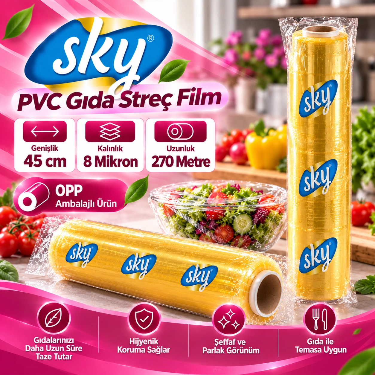 SKY PVC Gıda Streç Film 45 cm 8 Mikron 270 Metre - OPP Ambalajlı