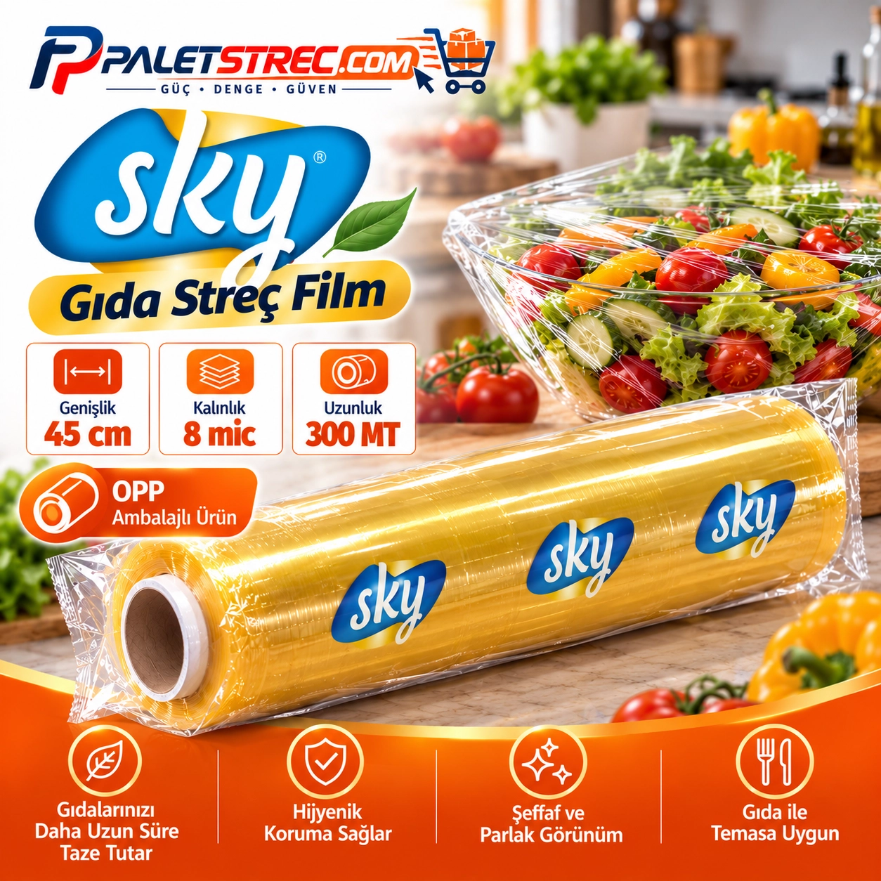 SKY PVC Gıda Streç Film 45 cm 8 Mikron 300 Metre - OPP Ambalajlı