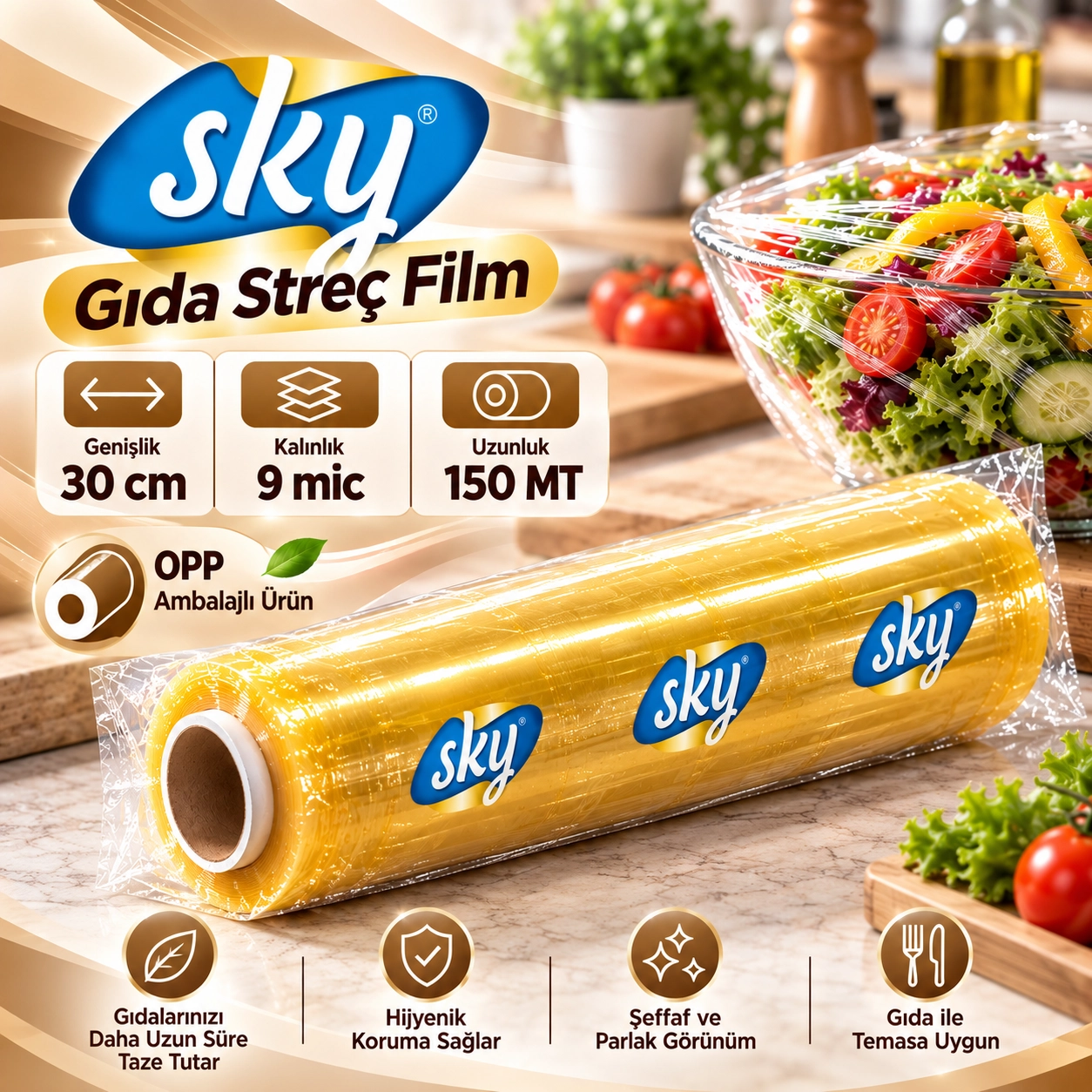SKY PVC Gıda Streç Film 30 cm 9 Mikron 150 Metre - OPP Ambalajlı