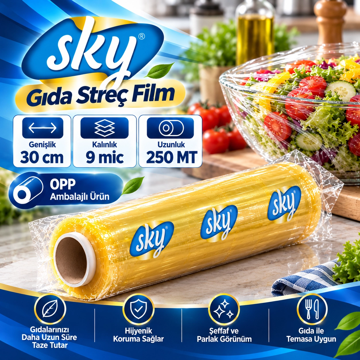 SKY PVC Gıda Streç Film 30 cm 9 Mikron 250 Metre - OPP Ambalajlı