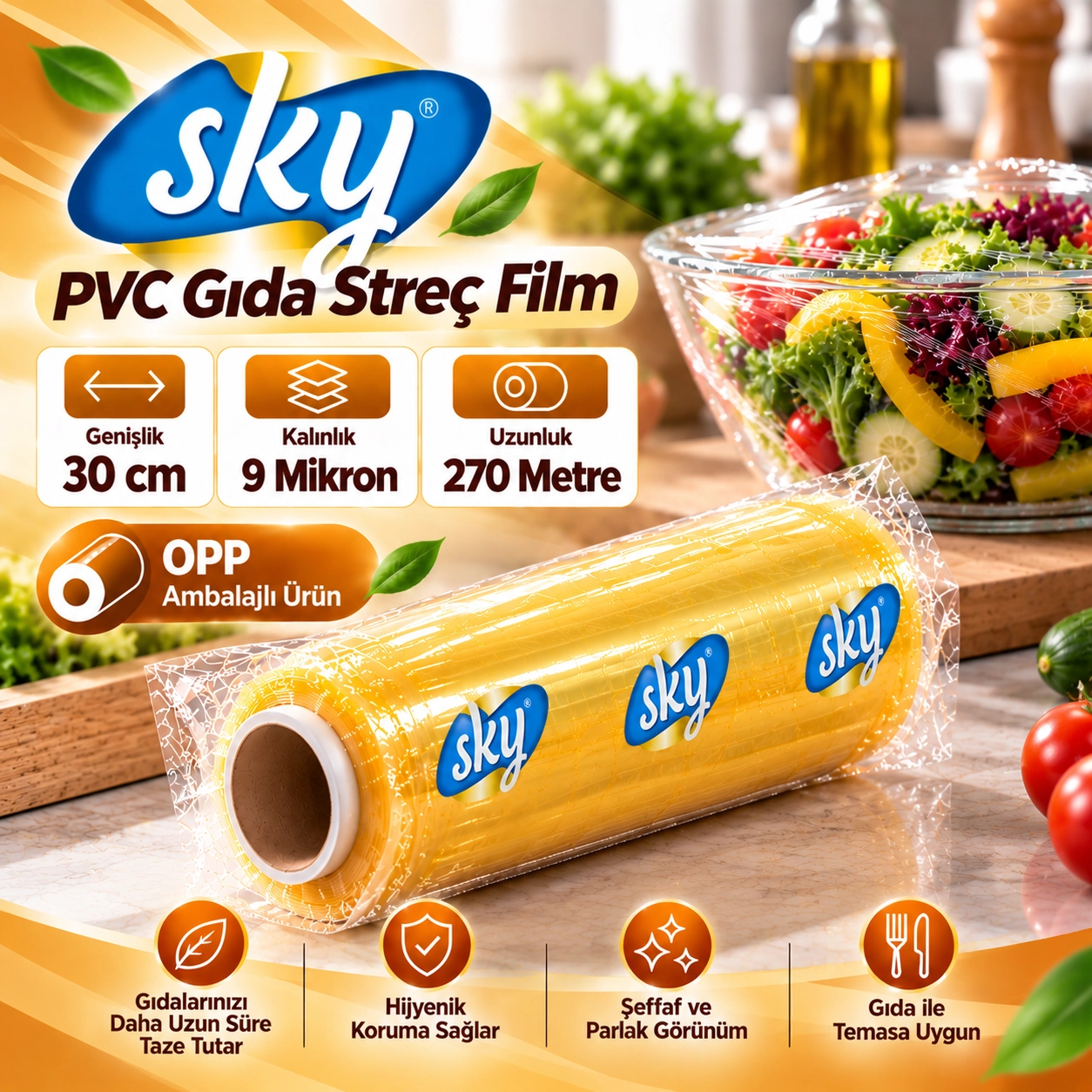SKY PVC Gıda Streç Film 30 cm 9 Mikron 270 Metre - OPP Ambalajlı