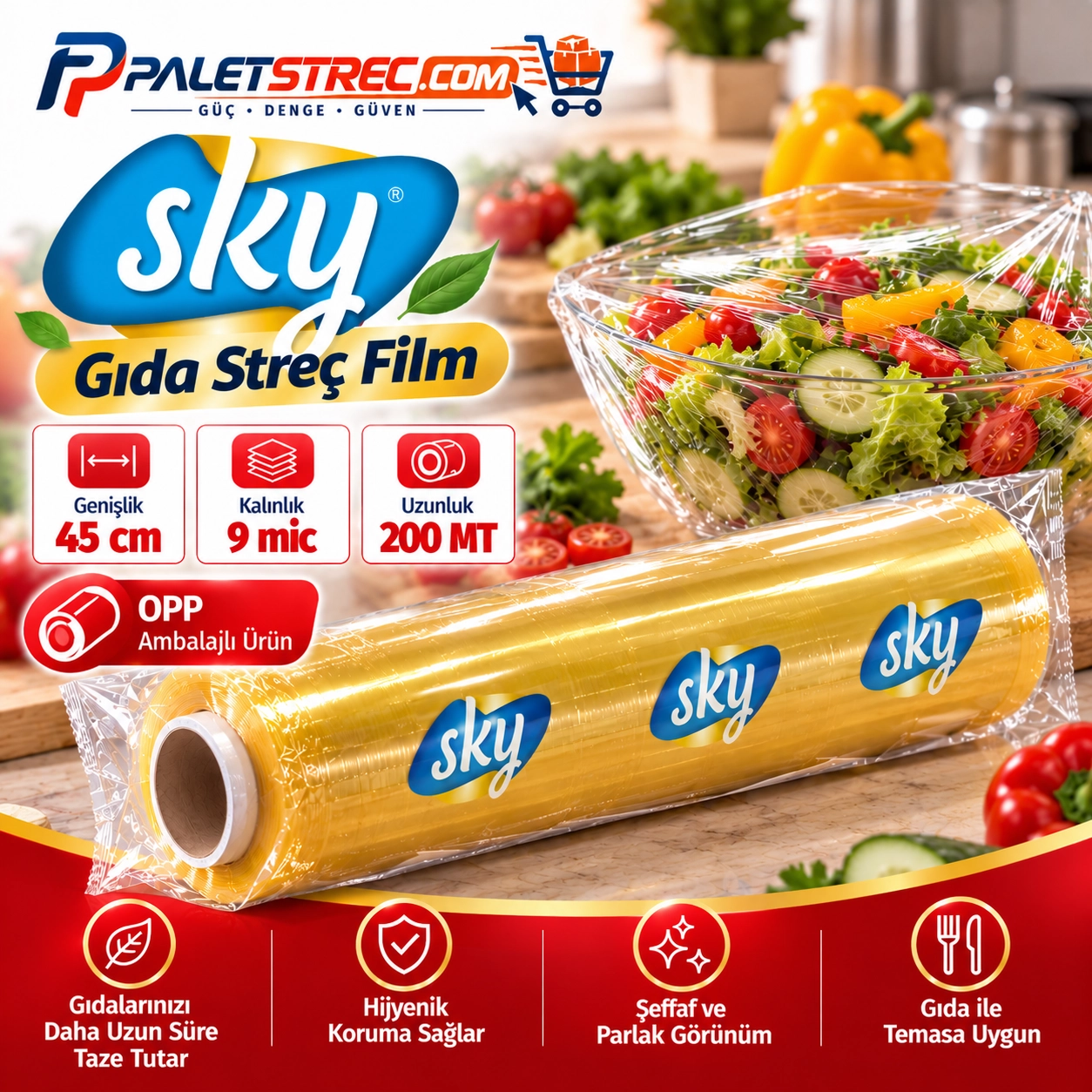 SKY PVC Gıda Streç Film 45 cm 9 Mikron 200 Metre - OPP Ambalajlı