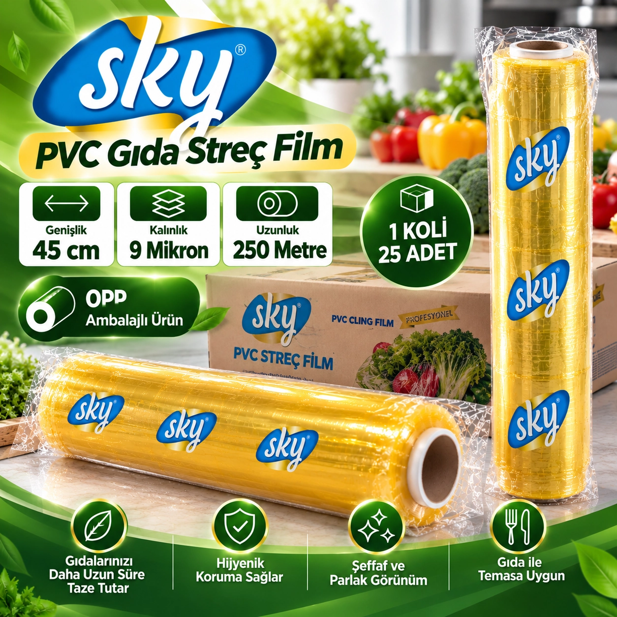 SKY PVC Gıda Streç Film 45 cm 9 Mikron 250 Metre - OPP Ambalajlı