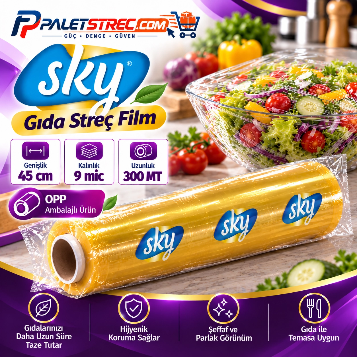 SKY PVC Gıda Streç Film 45 cm 9 Mikron 300 Metre - OPP Ambalajlı