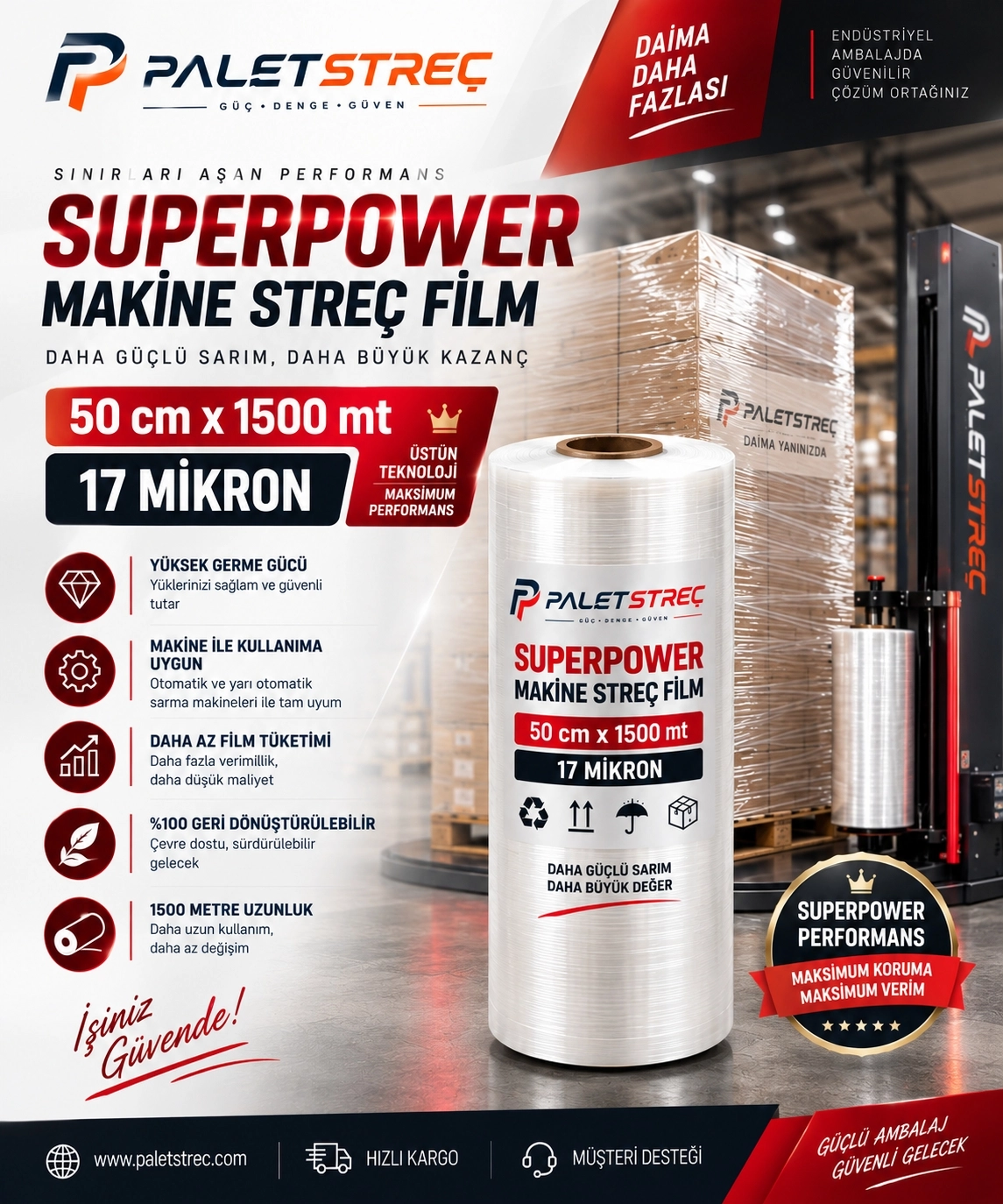 SuperPower Makine Streç Film 50 cm 17 Mikron 1500 Metre