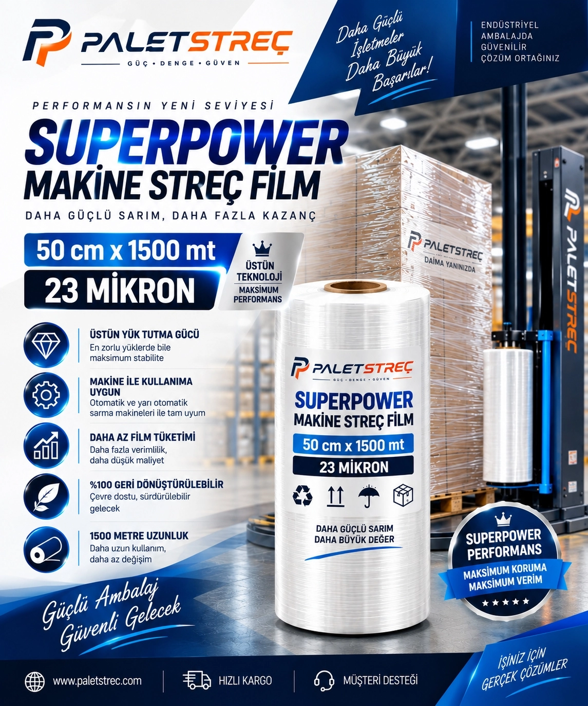 SuperPower Makine Streç Film 50 cm 23 Mikron 1500 Metre