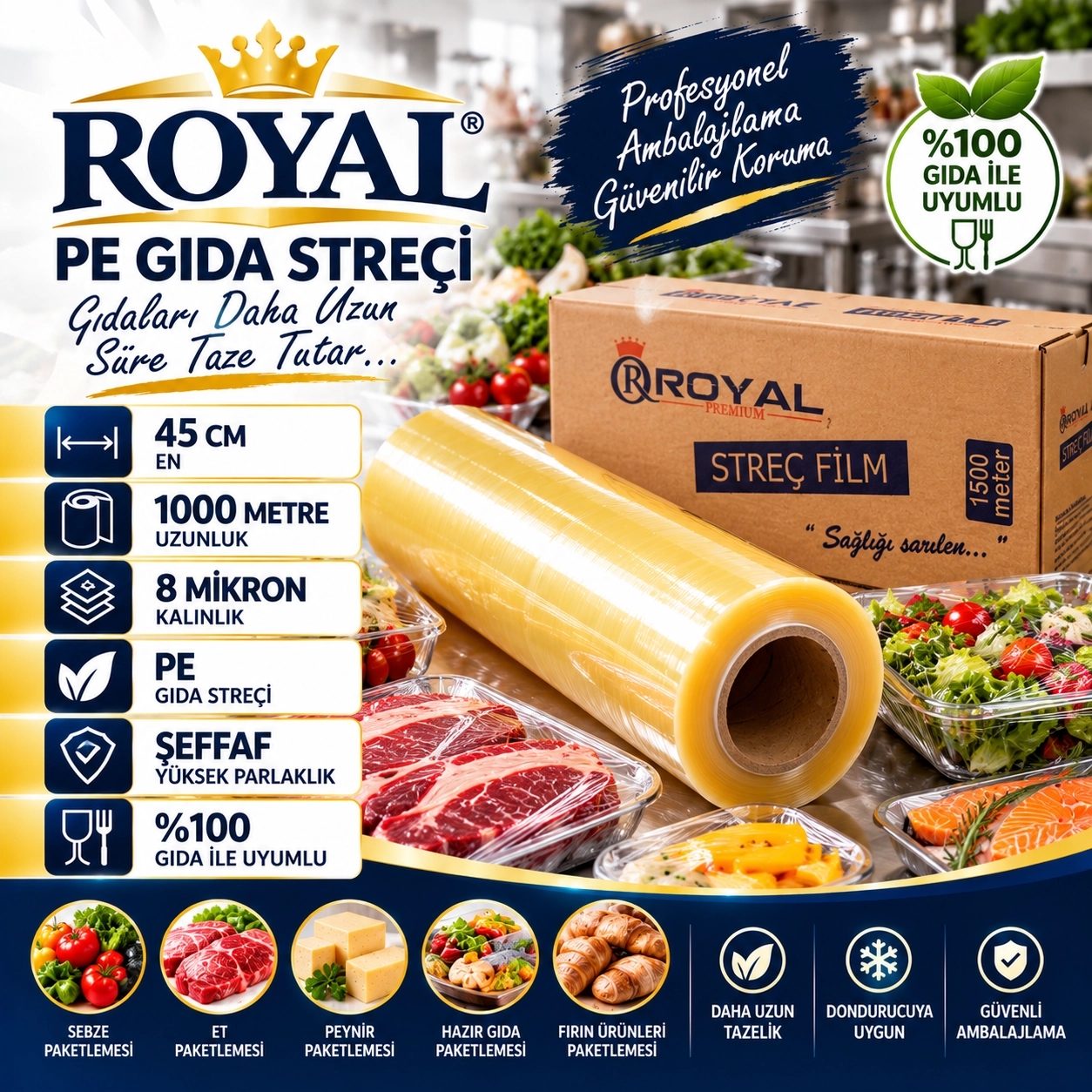 ROYAL Gıda Streç Film 45 cm 8 Mikron 1000 Metre