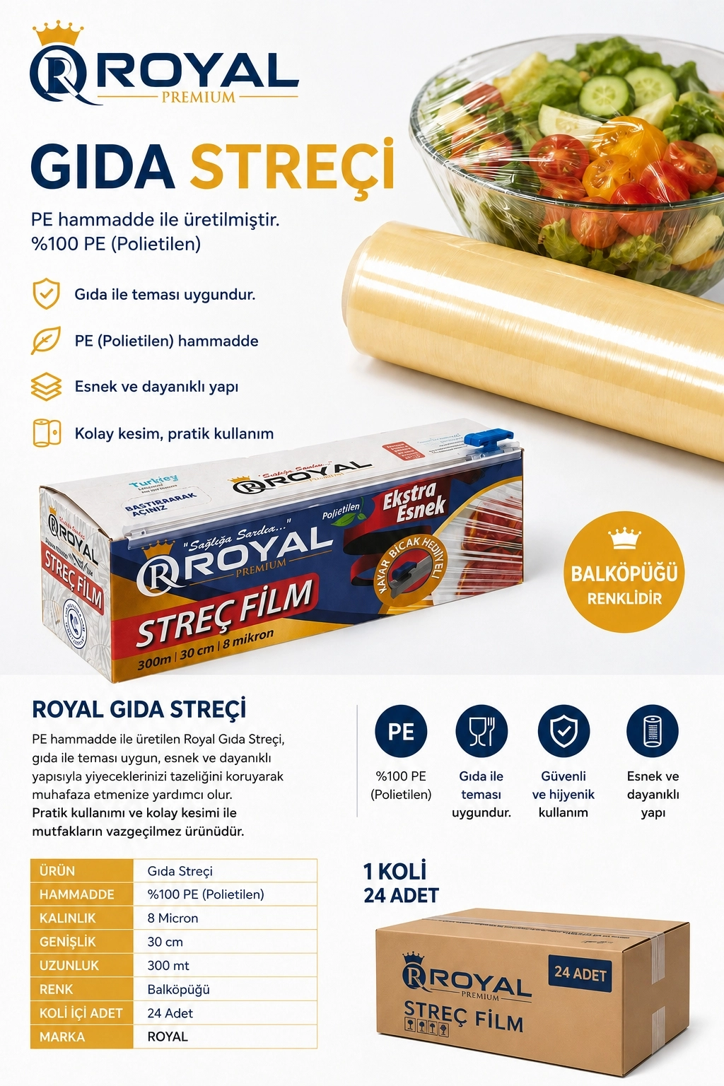 ROYAL Gıda Streç Film 30 cm 8 Mikron 300 Metre - Kutulu