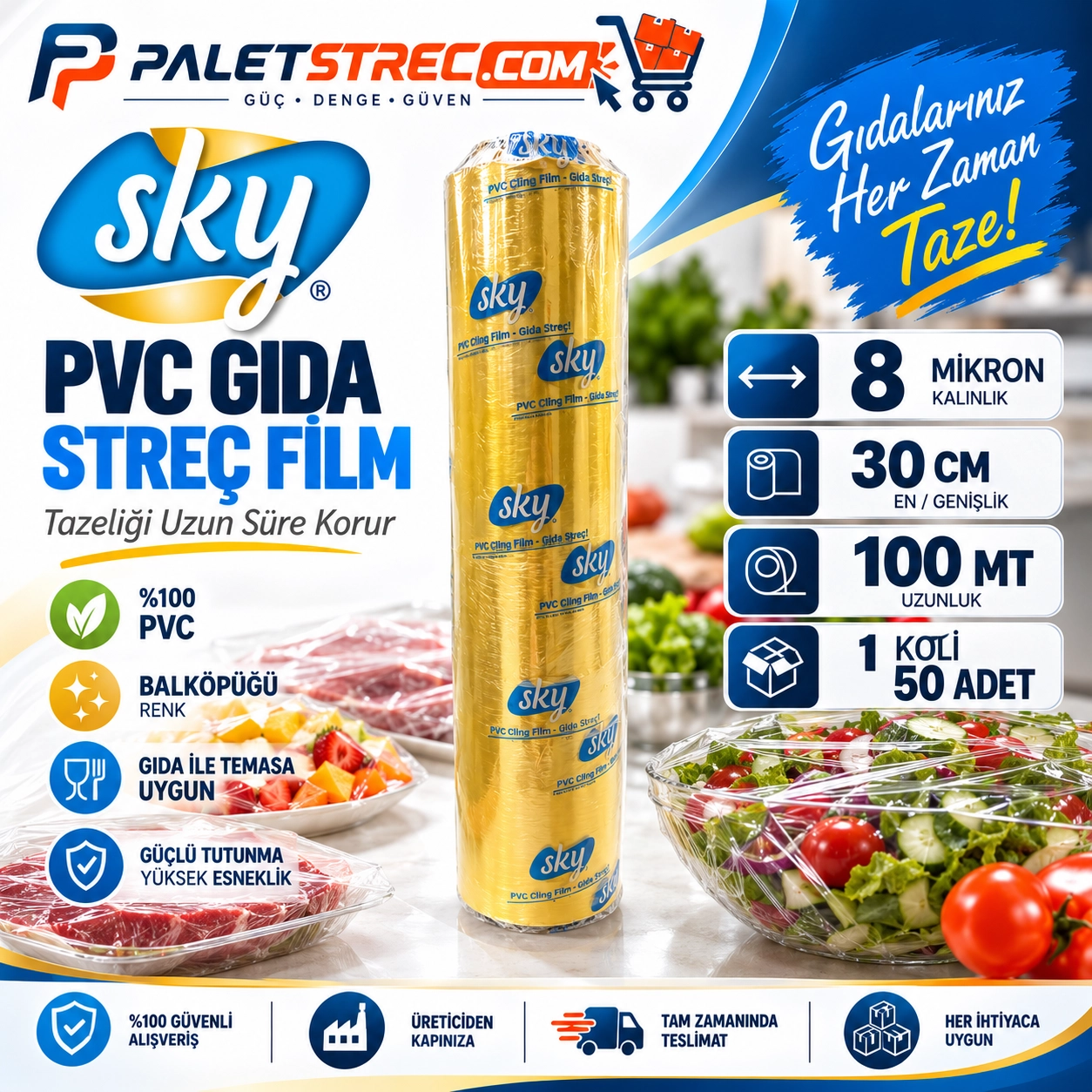 SKY PVC Gıda Streç Film 30 cm 8 Mikron 100 Metre - OPP Ambalajlı
