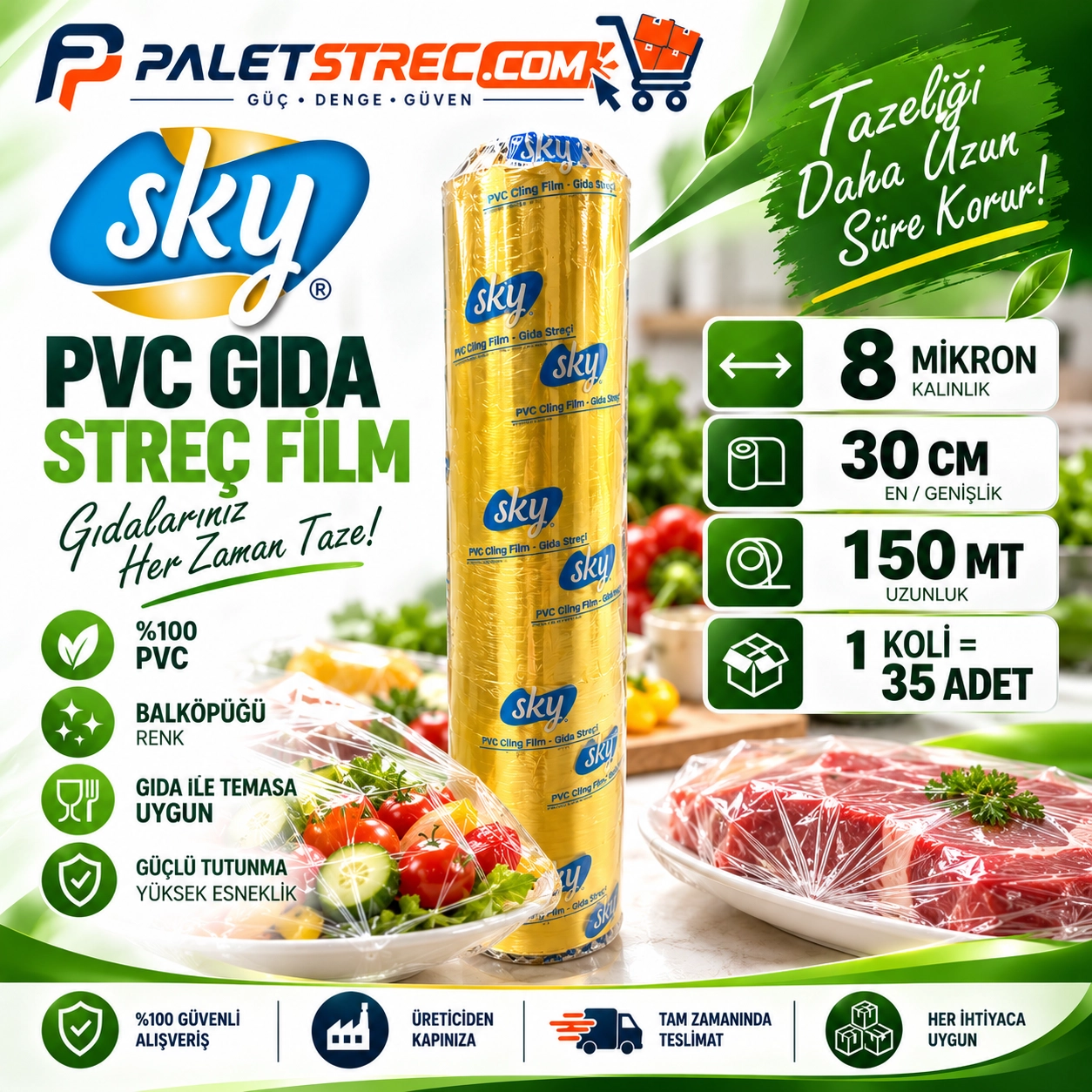 SKY PVC Gıda Streç Film 30 cm 8 Mikron 150 Metre - OPP Ambalajlı